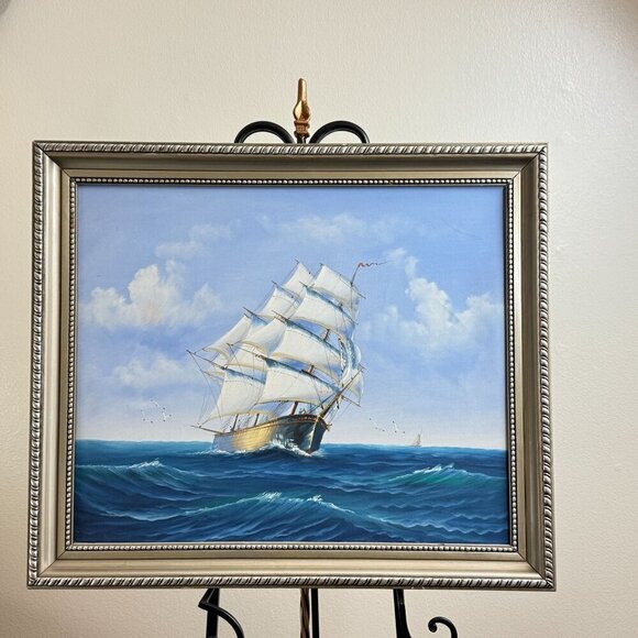 2006 Classic Sailing Ship Artwork on Canvas Oil Painting Framed Size 28" x 24" - Picture 3 of 15